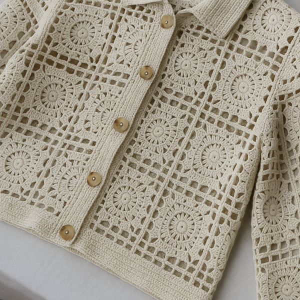 Hand-Crocheted Ivory Cardigan