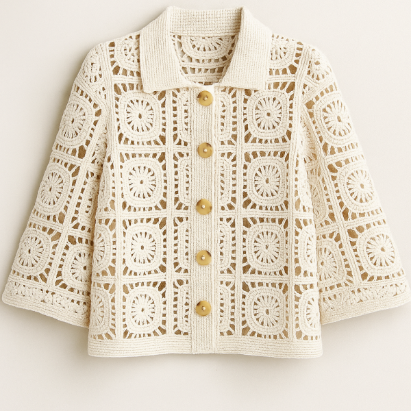 Hand-Crocheted Ivory Cardigan