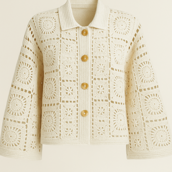 Hand-Crocheted Ivory Cardigan