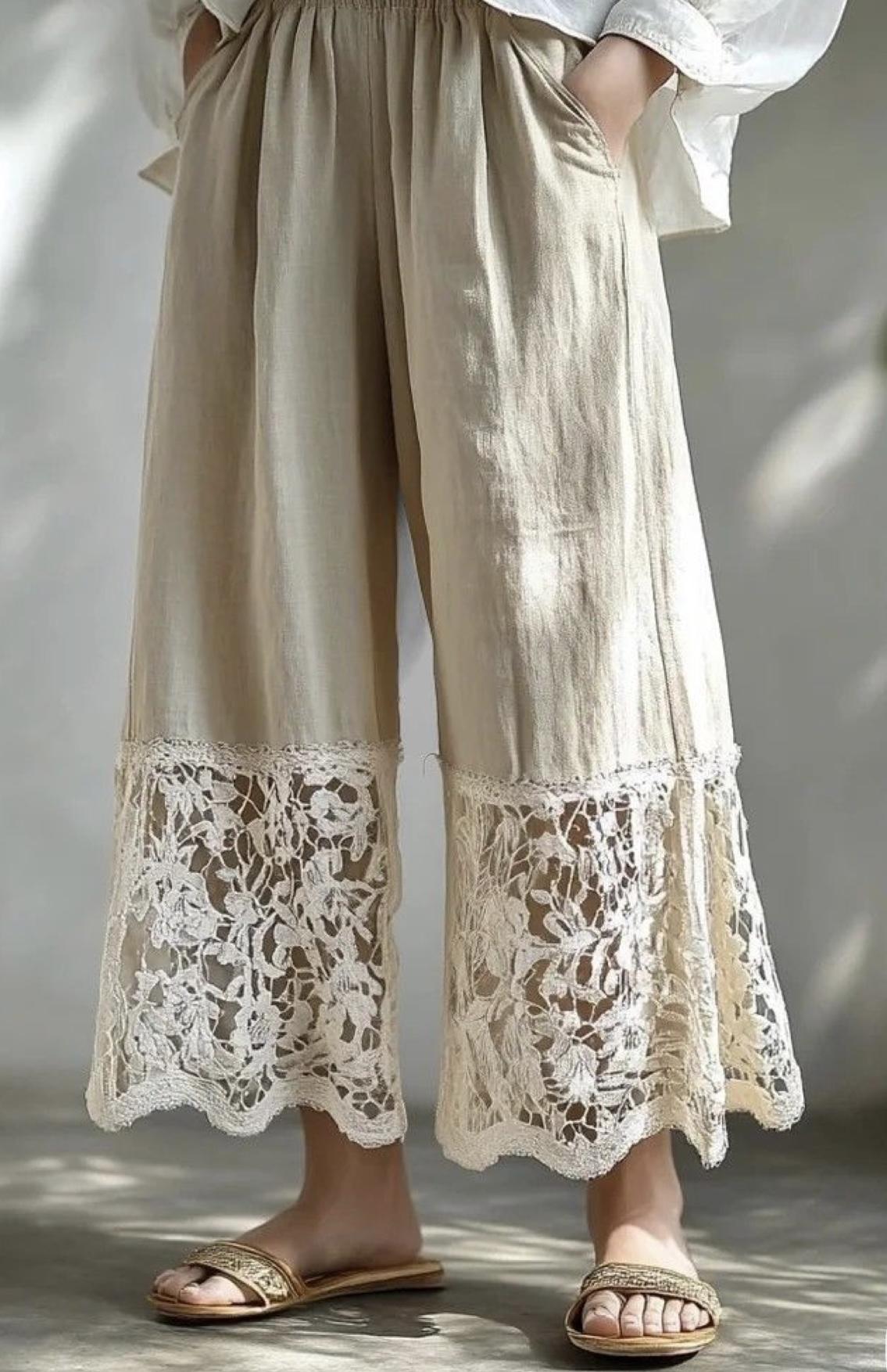 Handmade Linen Pants with Lace
